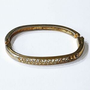 Signed SWAROVSKI Gold Plated Hinged Bangle Bracelet Double Row Clear Crystals